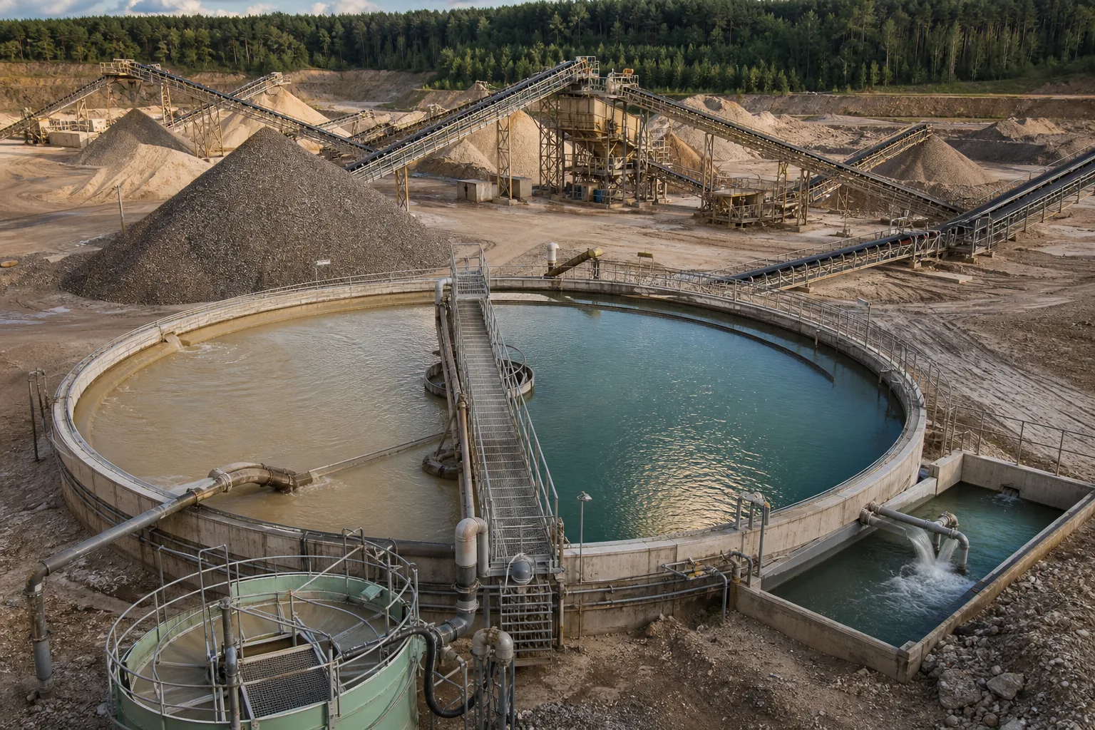 Aggregate wash plant clarifier separating mineral fines from recycled process water