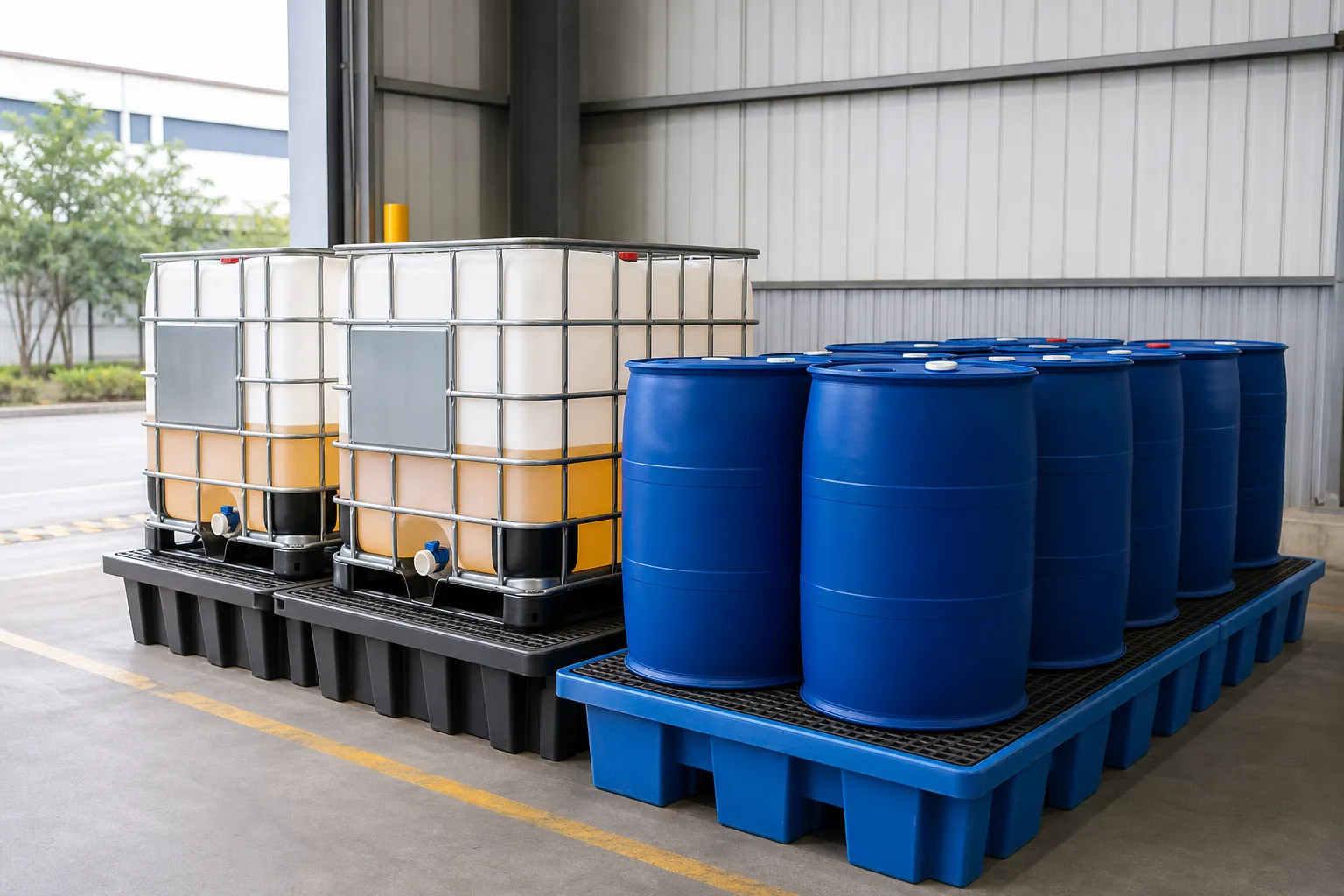 Polymer emulsion IBC totes and drums staged in secondary containment