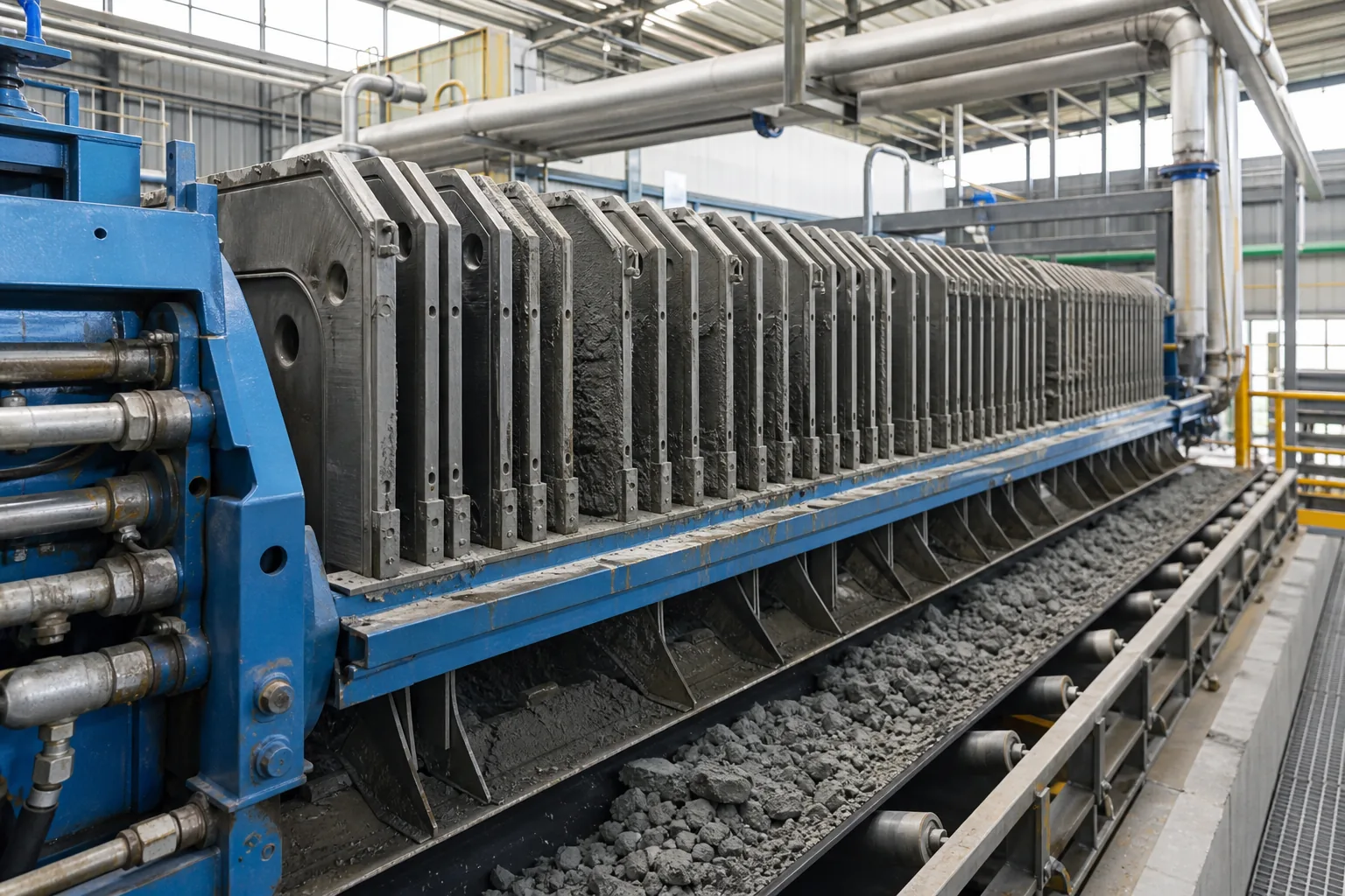 Recessed-plate filter press handling conditioned mineral slurry cake
